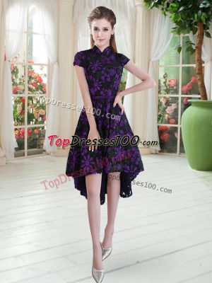 Purple Prom Dresses Prom and Party with Appliques High-neck Short Sleeves Lace Up