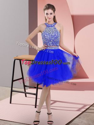 Fabulous Royal Blue Backless Halter Top Beading Prom Dresses Organza Sleeveless
