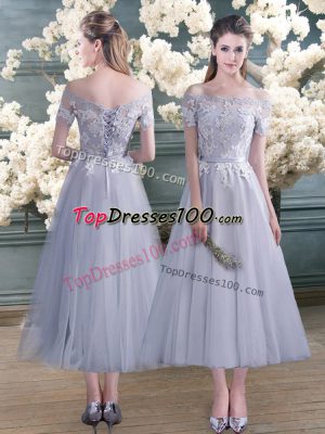 Pretty Grey Short Sleeves Ankle Length Lace and Appliques Lace Up Prom Dresses