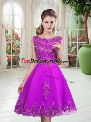 Purple Scoop Neckline Beading and Appliques Prom Gown Sleeveless Lace Up