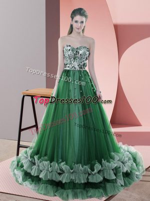 Great Lace Up Homecoming Dress Green for Prom and Party and Military Ball with Beading and Appliques Sweep Train