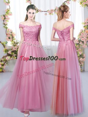 Decent Tulle Off The Shoulder Sleeveless Lace Up Lace Wedding Guest Dresses in Pink