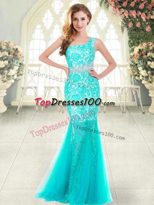 Shining Aqua Blue Sleeveless Floor Length Beading and Lace Zipper Prom Dresses