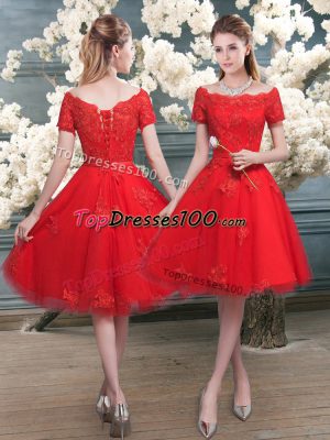 Short Sleeves Lace Up Knee Length Lace Homecoming Dress