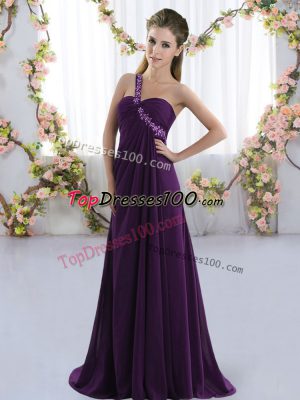 Purple Chiffon Lace Up One Shoulder Sleeveless Bridesmaid Gown Brush Train Beading
