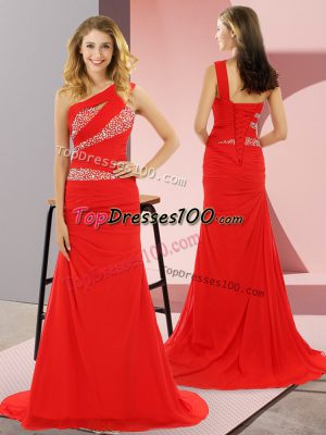 Fantastic One Shoulder Sleeveless Sweep Train Lace Up Prom Gown Red Chiffon