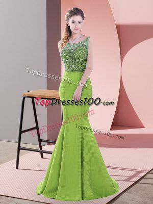 Beading and Lace Formal Dresses Green Lace Up Sleeveless Sweep Train