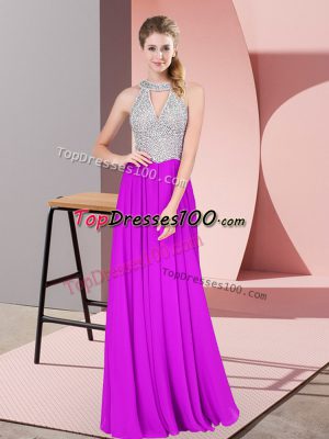 Luxury Purple Chiffon Zipper Halter Top Sleeveless Floor Length Prom Dresses Beading