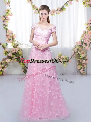 Empire Bridesmaid Dresses Rose Pink Off The Shoulder Tulle Cap Sleeves Floor Length Lace Up