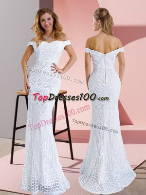 White Evening Gowns Off The Shoulder Sleeveless Sweep Train Zipper
