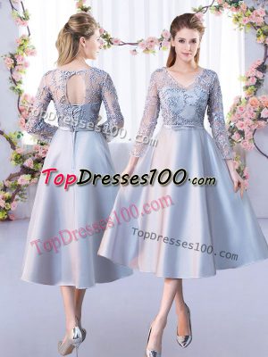 Shining A-line Bridesmaid Gown Silver V-neck Satin 3 4 Length Sleeve Tea Length Lace Up