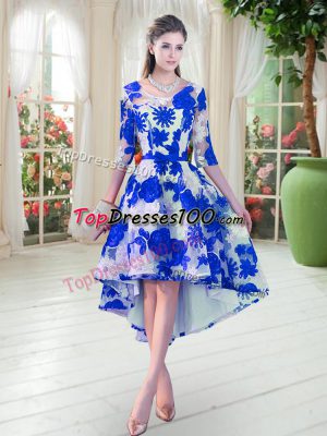 Blue And White Scoop Lace Up Belt Prom Dress Half Sleeves