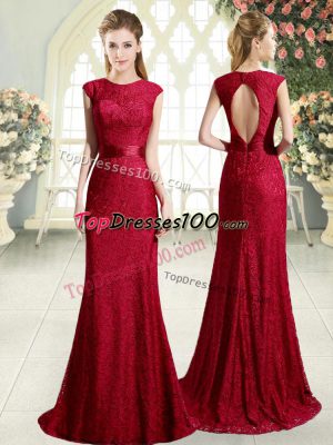 Red Scoop Backless Lace Prom Dress Sweep Train Sleeveless
