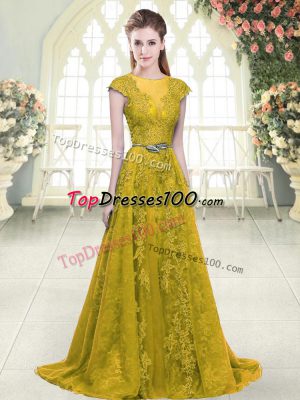 Hot Sale Gold Scoop Neckline Beading and Lace and Appliques Evening Party Dresses Cap Sleeves Zipper