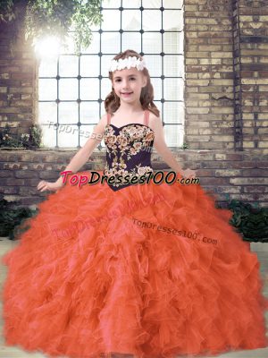 Orange Red Tulle Lace Up Little Girls Pageant Gowns Sleeveless Floor Length Embroidery and Ruffles