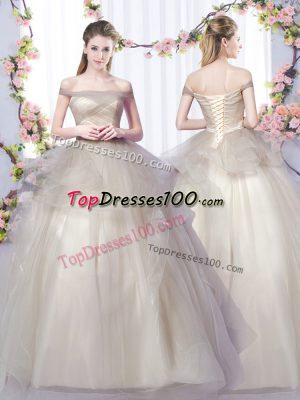 Grey A-line Tulle Off The Shoulder Sleeveless Ruffles Floor Length Lace Up Quince Ball Gowns