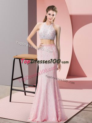 Floor Length Backless Homecoming Dress Pink for Prom and Party and Wedding Party with Beading