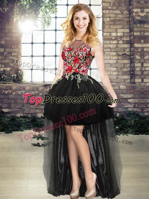 Most Popular Sleeveless High Low Embroidery Lace Up Evening Dress with Black