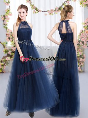 Great Floor Length Navy Blue Bridesmaid Dresses High-neck Sleeveless Lace Up