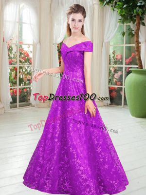 Customized Floor Length Purple Dress for Prom Off The Shoulder Sleeveless Lace Up