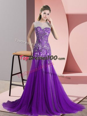 Chic Sleeveless Appliques Backless Prom Gown with Purple Sweep Train