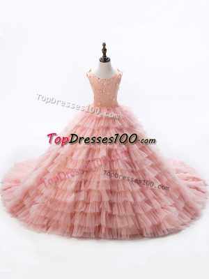 Fashionable Pink Lace Up Little Girls Pageant Dress Wholesale Sleeveless Court Train Beading and Ruffled Layers