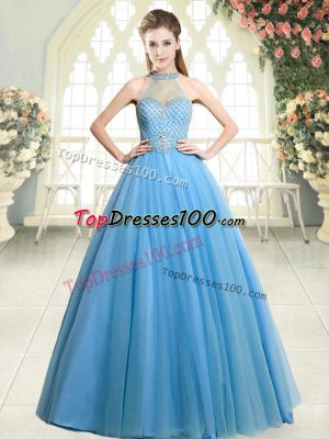 Clearance Blue Zipper Halter Top Beading Formal Dresses Tulle Sleeveless