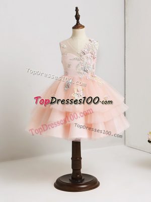 Popular V-neck Sleeveless Zipper Toddler Flower Girl Dress Pink Tulle
