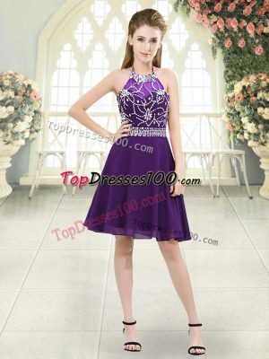 Eggplant Purple Chiffon Zipper Prom Party Dress Sleeveless Knee Length Beading