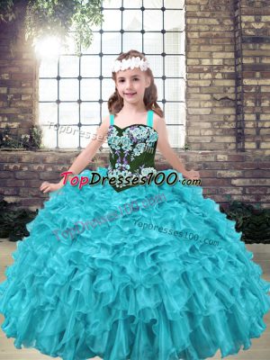 Sleeveless Floor Length Embroidery and Ruffles Lace Up Little Girl Pageant Gowns with Aqua Blue and Turquoise
