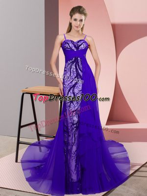 Glorious Tulle Spaghetti Straps Sleeveless Sweep Train Zipper Beading and Lace Prom Dresses in Purple