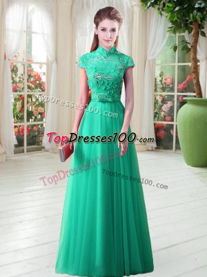 Admirable Floor Length A-line Cap Sleeves Green Going Out Dresses Lace Up
