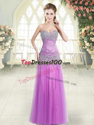 Lilac Column/Sheath Beading Prom Dresses Zipper Tulle Sleeveless Floor Length