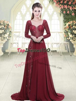 Burgundy Going Out Dresses Chiffon Brush Train Long Sleeves Beading and Appliques