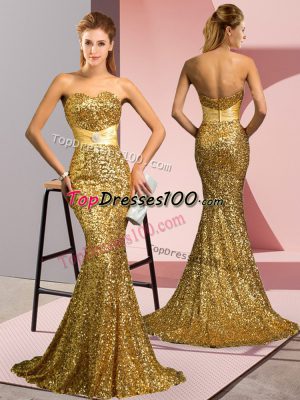 Chic Zipper Prom Evening Gown Gold for Prom and Party and Military Ball with Beading Sweep Train