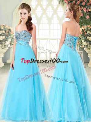 Classical Aqua Blue Sleeveless Beading Floor Length Homecoming Dress