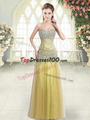Floor Length Zipper Prom Evening Gown Gold for Prom and Party with Beading