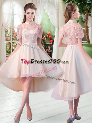 A-line Prom Dresses Champagne High-neck Tulle Short Sleeves High Low Zipper
