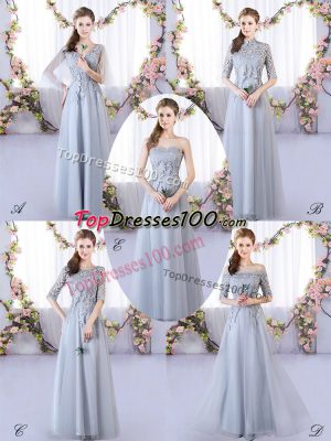 Grey Empire Appliques Bridesmaid Gown Lace Up Tulle Sleeveless Floor Length