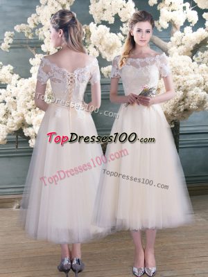 Beauteous Tulle Short Sleeves Tea Length Prom Dress and Lace