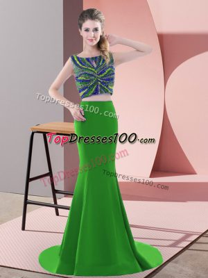 Comfortable Green Satin Backless Prom Dress Sleeveless Sweep Train Beading and Pick Ups