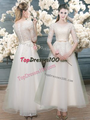 White Zipper V-neck Lace Prom Party Dress Organza Half Sleeves