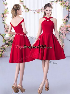 Deluxe Sleeveless Knee Length Ruching Zipper Dama Dress with Red