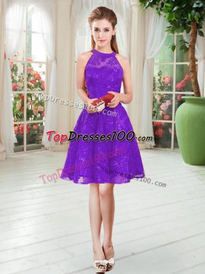 Fashion Purple A-line Scoop Sleeveless Knee Length Zipper Lace Prom Dresses