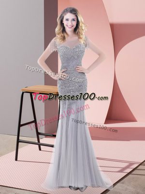 Stunning Grey Zipper Dress for Prom Beading Short Sleeves Floor Length