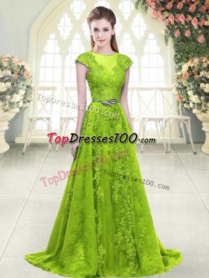 Comfortable Sweep Train A-line Evening Party Dresses Yellow Green Scoop Tulle Sleeveless Zipper
