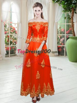 Orange Red 3 4 Length Sleeve Lace Floor Length Prom Party Dress