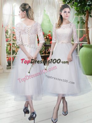 White Half Sleeves Tulle Lace Up Prom Gown for Prom and Party