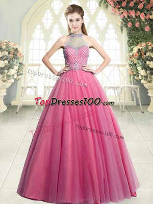 Sleeveless Tulle Floor Length Zipper Evening Gowns in Pink with Beading