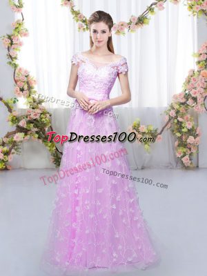 Dynamic Floor Length Lace Up Bridesmaid Dress Lilac for Prom and Party and Wedding Party with Appliques